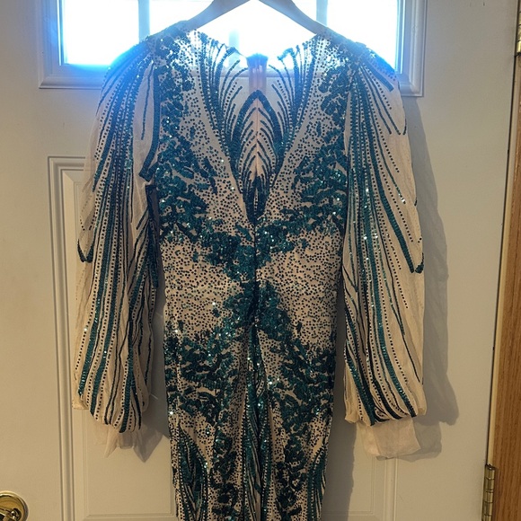 Elegant Sheer Illusion Gown with Teal Sequin Accents - Picture 4 of 11